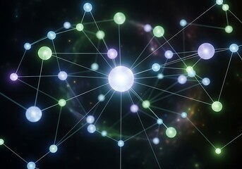 Interconnected Network of Luminous Spheres Against Dark Backdrop Radiating Light