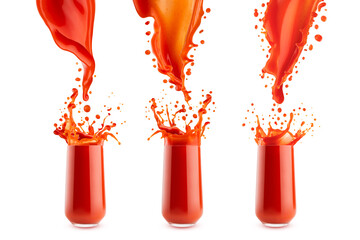 Fresh red tomato juice flow pour in glass with bright flying drops, splashes, isolated. Collection of three glasses. Healthy organic drink for detox diet menu, fitness food advertising, poster, flyer.