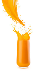 Pulpy mango juice or carrot juice stream of juice flowing into glass with flying drops, splashing isolated. Energy vitamin vegetable, fruit cocktail for healthy fitness meny, diet, wholesome cuisine.