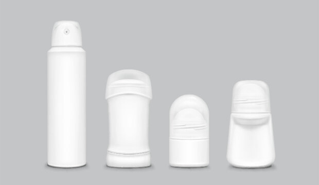 White deodorant mockup collection with roll on, spray bottle and stick container in 3d cosmetic design. Blank hygiene product set with caps for personal care branding and antiperspirant packaging.
