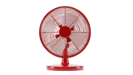 Retro red metal table fan isolated PNG on transparent background, vintage style cooling appliance for summer heat relief