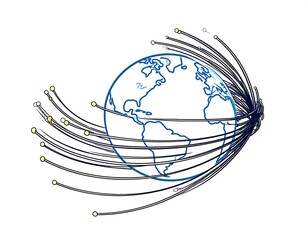 Globe encircled by connecting lines, symbolizing global network and data flow