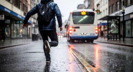 Fototapeta premium Man running to catch bus on a rainy city street.