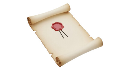 Old parchment scroll with red wax seal isolated PNG, vintage paper document for medieval fantasy or historical themes on transparent background