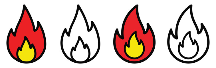 Set of Fire Flame Icons in Flat and Outline Style – Red, Yellow and Black Burning Flame Symbols for Heat, Energy, Warning, Emergency and Fire Safety Design on White Background
