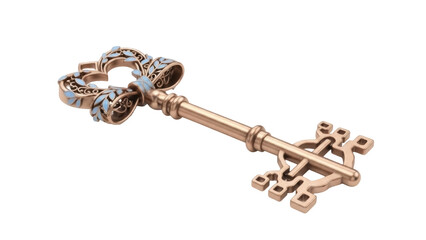 Ornate golden key with blue leaf accents isolated PNG, vintage style antique skeleton key for fantasy and historical designs