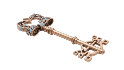 Ornate golden key with blue leaf accents isolated PNG, vintage style antique skeleton key for fantasy and historical designs