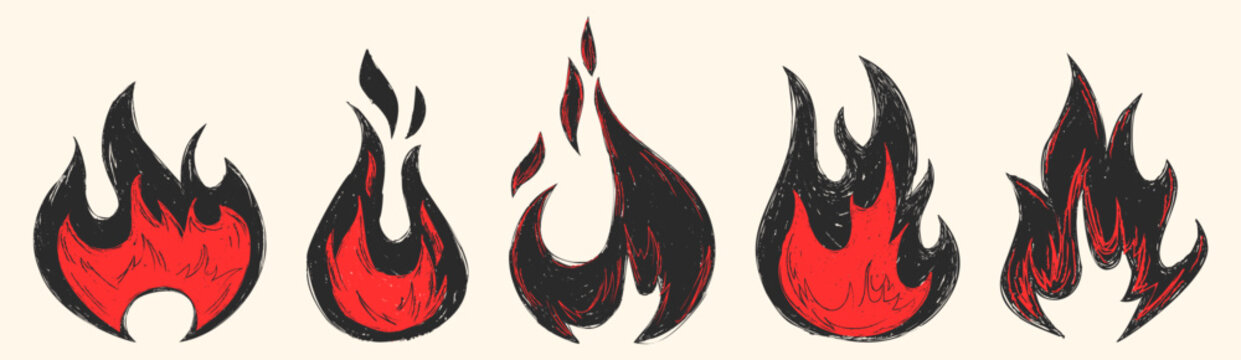 Hand drawn doodle fire icons set isolated on background. Vector cartoon illustration of abstract red and black flame sketches, hot food, chili pepper or burning heat symbol, line art tattoo design