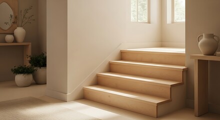 Minimalist staircase illuminated, beige walls, natural light and elegant decor