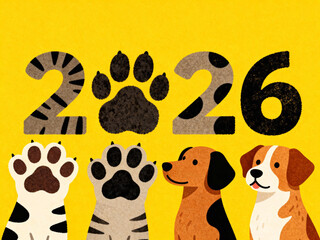 Festive 2026 New Year Greeting with Playful Dogs and Paw Prints