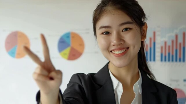Young businesswoman with a warm smile posing for the camera while giving two fingers up as sign of peace and good luck.