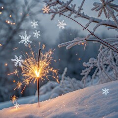 burning sparkler in snow, winter nature abstract background. Christmas and new year holidays. festive winter season. dreams, fantasy, romantic atmosphere image. Hello or goodbye winter concept
