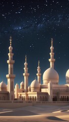 Ramadan Mubarak Mobile Wallpaper Showing a Desert City Skyline with Mosques under a Starry Night Sky in a Serene Spiritual Islamic Atmosphere