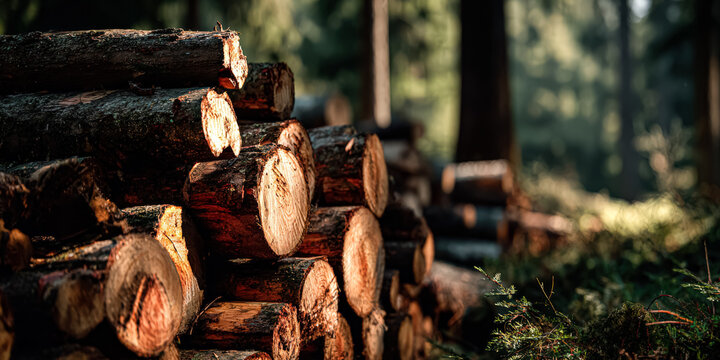 A detailed view of neatly stacked wooden logs in a serene forest clearing, showcasing the natural beauty and texture of the wood. - Powered by Adobe