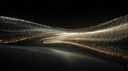 Ultra-wide angle bird's eye view elegant gold flowing particles and abstract design, luxury and motion concept for premium content