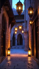 Ramadan Mubarak Mobile Wallpaper Showing an Ancient Islamic City Alley Illuminated by Hanging Lanterns in a Serene Timeless Spiritual Night Scene