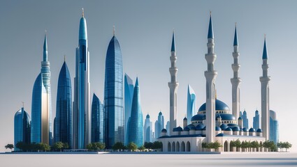 Modern City Skyline Blended with Traditional Mosque Minarets Celebrating Ramadan Mubarak in a Harmonious Islamic Urban Night Atmosphere of Faith Light