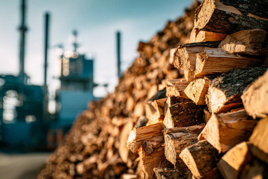 This image features a close up view of stacked wooden biomass next to power plant equipment, highlighting renewable energy resources.