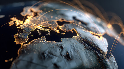 A stunning top down view of a realistic world map showcasing illuminated regions, highlighting urban areas and connections across continents.