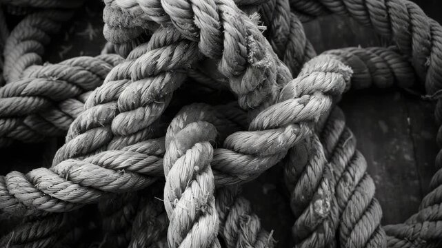 This captures a nautical rope knot tightly secured against a wall. The rope's texture and knot detail are prominently displayed in this black and white .