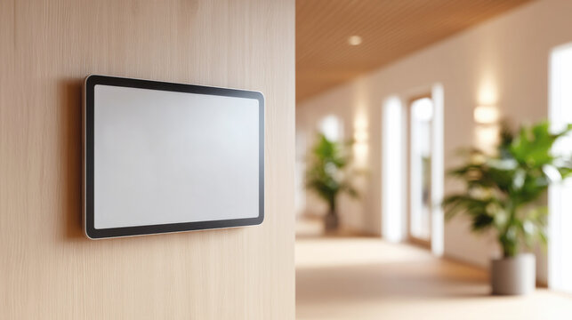 Blank digital screen on wooden wall in modern office interior.