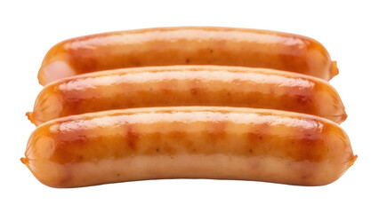 Three grilled sausages isolated on transparent background, delicious pork sausages for barbecue and grilling PNG, meat product