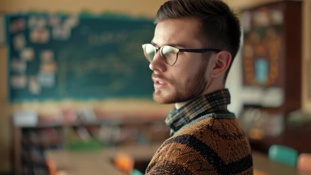 A man with glasses and a patterned sweater standing in a room with desks and chalkboards.