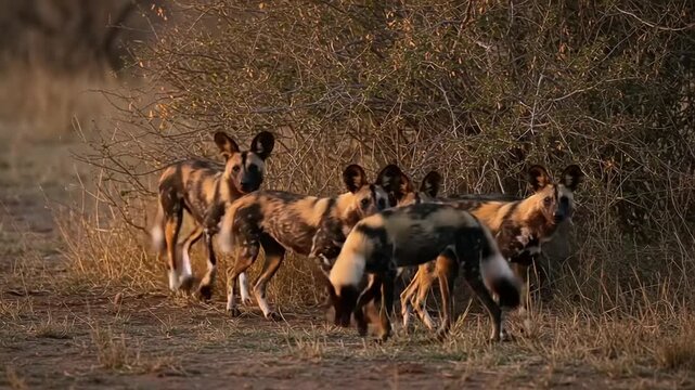 Pack of African wild dogs running through dry bushland in a wildlife reserve at sunset.