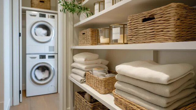A space-efficient laundry nook tucked into a hallway closet, featuring stacked washer-dryer units and narrow shelves neatly holding labeled baskets &mdash; organized home solutions, small-space utility