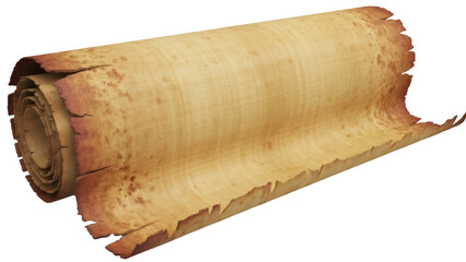 Old parchment scroll PNG isolated on transparent background, ancient paper roll with weathered texture for historical documents and fantasy maps