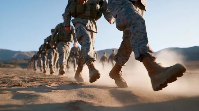 Military units marching in precise formation across a training field, dust rising under synchronized boots as instructors observe from the sidelines &mdash; discipline, tactical readiness, and organized