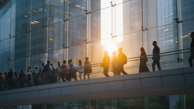 Pedestrians stuck in a gridlocked skywalk between two skyscrapers during rush hour, sunlight refracting through glass panels onto the moving crowd &mdash; elevated commuting, architectural tension, and