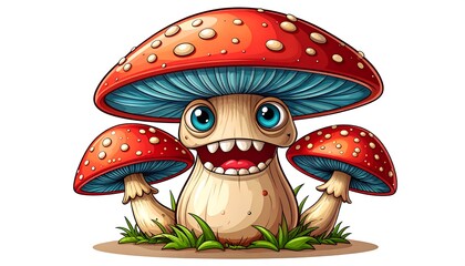 Cartoon mushroom character with red caps, blue gills, wide eyes, and a grinning mouth sitting on grass