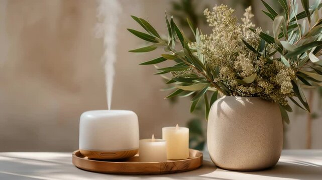 A diffuser releasing scented eucalyptus essential oil beside a minimalist ceramic tray and candles, creating a serene wellness corner &mdash; aromatherapy relaxation, mindful living, and stress-relief