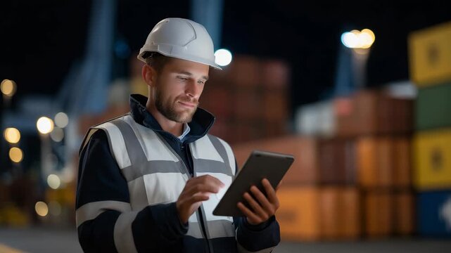 A dockyard supervisor using a rugged tablet to track container movement, digital maps glowing against the backdrop of stacked multicolored cargo units &mdash; smart port technology, digital logistics,