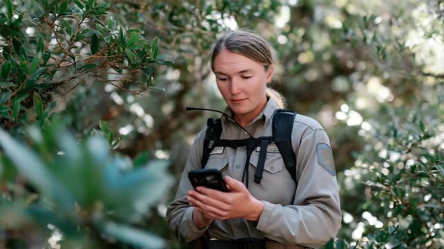 A forest ranger practicing wildlife stewardship by placing tracking collars on endangered animals, sunlight filtering through dense leaves onto the handheld GPS device. cinematic color correction,
