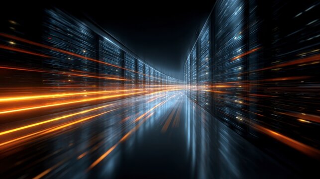 A data center with rows of servers, illuminated by orange light streaks creating a sense of rapid digital data flow - Powered by Adobe