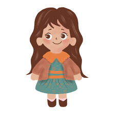 Cute Little Girl Character Illustration with Long Brown Hair and Vintage Dress.