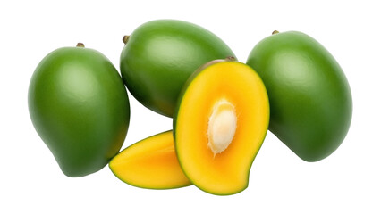 Unripe green mangoes isolated PNG, tropical fruit with yellow flesh and seed on transparent background, healthy eating and vegetarian diet