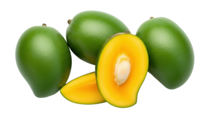 Unripe green mangoes isolated PNG, tropical fruit with yellow flesh and seed on transparent background, healthy eating and vegetarian diet