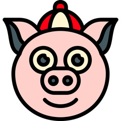 Cartoon Pig Head with Chinese Hat Icon in Filled Line Style