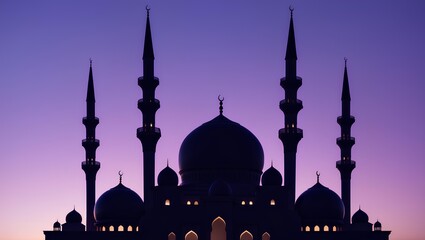 Mosque Silhouette Against a Purple Twilight Sky, Ramadan Mubarak Tranquility with Elegant Minarets, Sacred Evening Calm, Spiritual Islamic Horizon