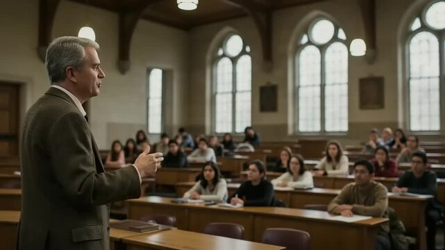 Professor lecturing in a large classroom with many students present.