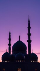 Mosque Silhouette Against a Purple Twilight Sky Ramadan Mubarak Mobile Wallpaper, A Peaceful Islamic Nightfall View Designed for Elegant Smartphone Screens