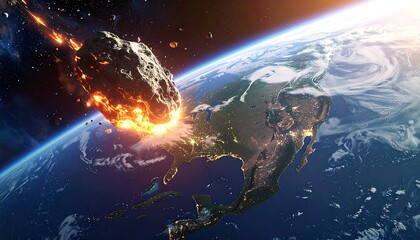 Asteroid impacting Earth with fiery trail, focused on North America, seen from space, city lights visible at night