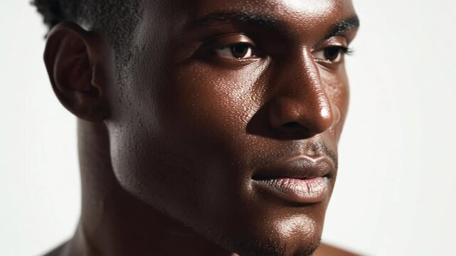 Close-up of a dark-skinned male model with radiant healthy skin. Inclusive men skincare concept.