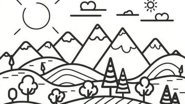 A black and white pencil sketch of a mountain range landscape with trees and clouds, suitable for coloring or digital artwork.