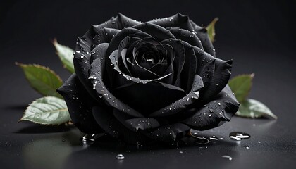 Black rose with water droplets on petals, contrasted against a dark background, and soft green leaves at the sides