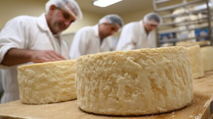 In a cozy workshop, skilled artisans carefully shape and mold large rounds of fresh cheese. They work diligently, showcasing their expertise and passion for the craft