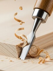 Woodworking chisel carving into soft block with curly wood shavings falling